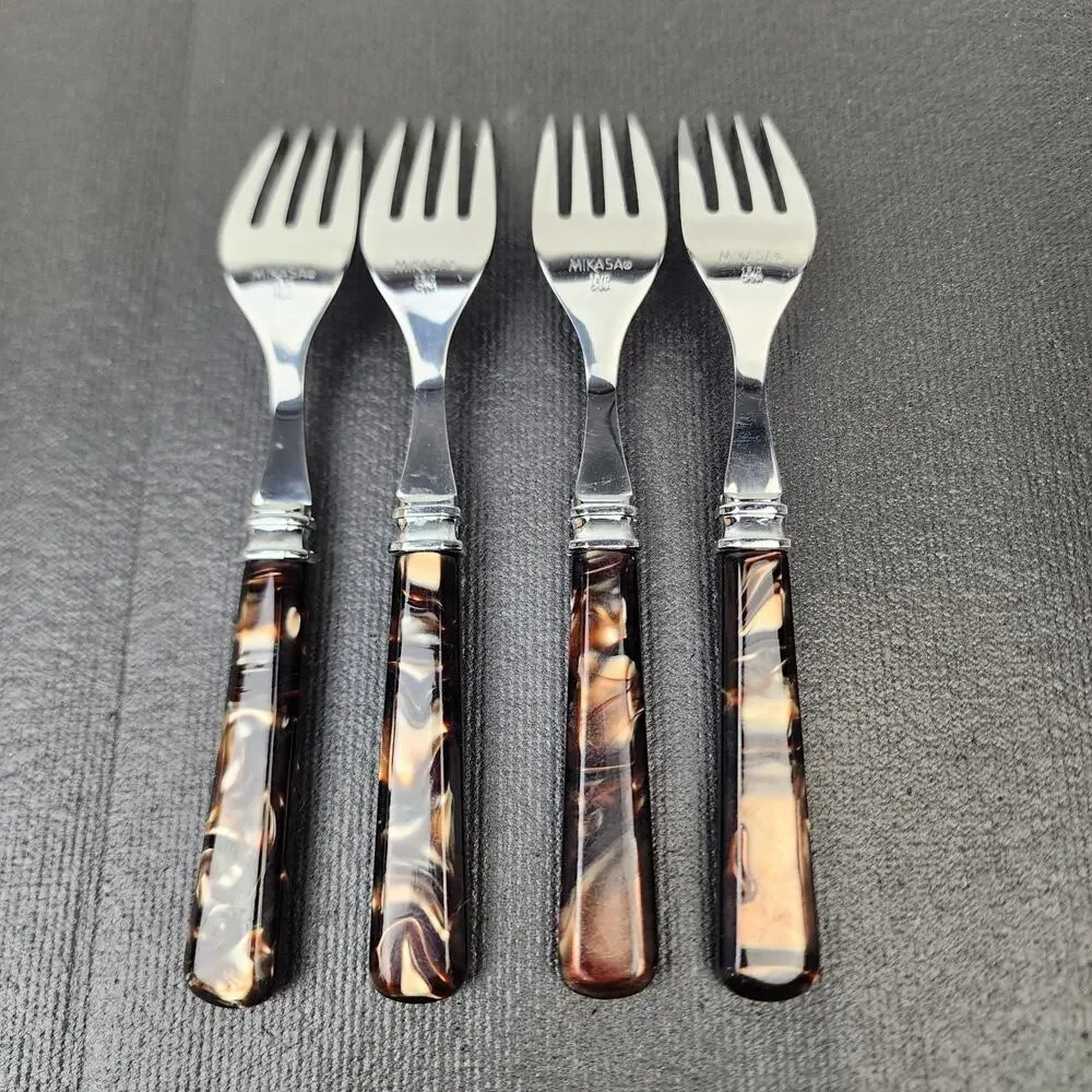4 MIKASA Tortoise Handle Flatware Brown Acrylic Handle Desert Salad Forks 7